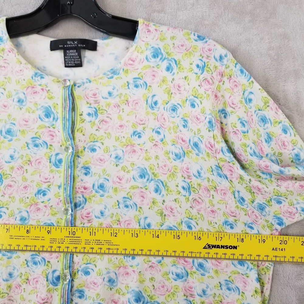 Vtg August Silk Cardigan Women XL Floral Button Front Knit Sweater Cottagecore - Picture 4 of 9